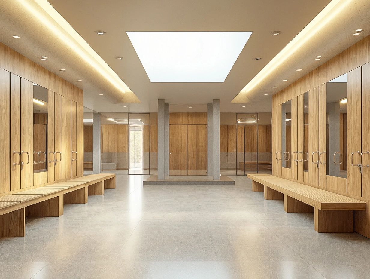 Простора роздягальня з зручними лавками та шафками